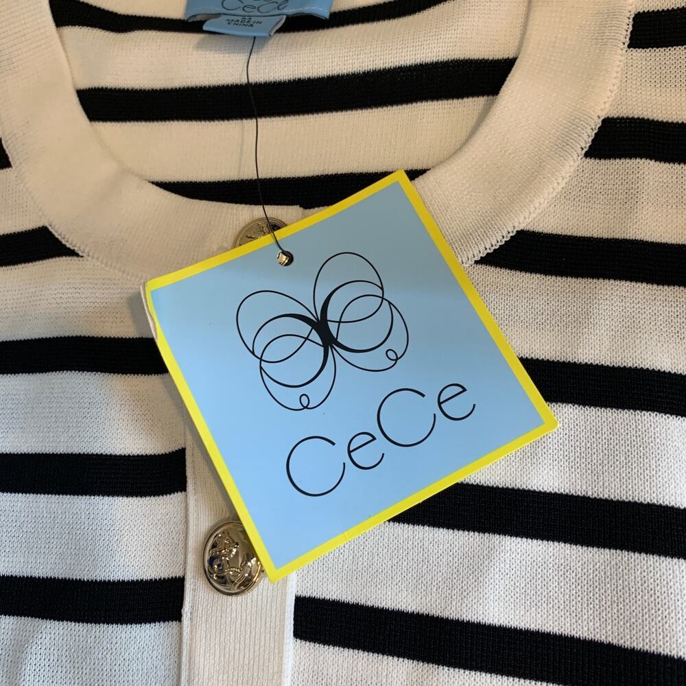 CeCe Cardigan Womens M Medium Striped Half Sleeve Goldtone Buttons Outfitted - Picture 12 of 14